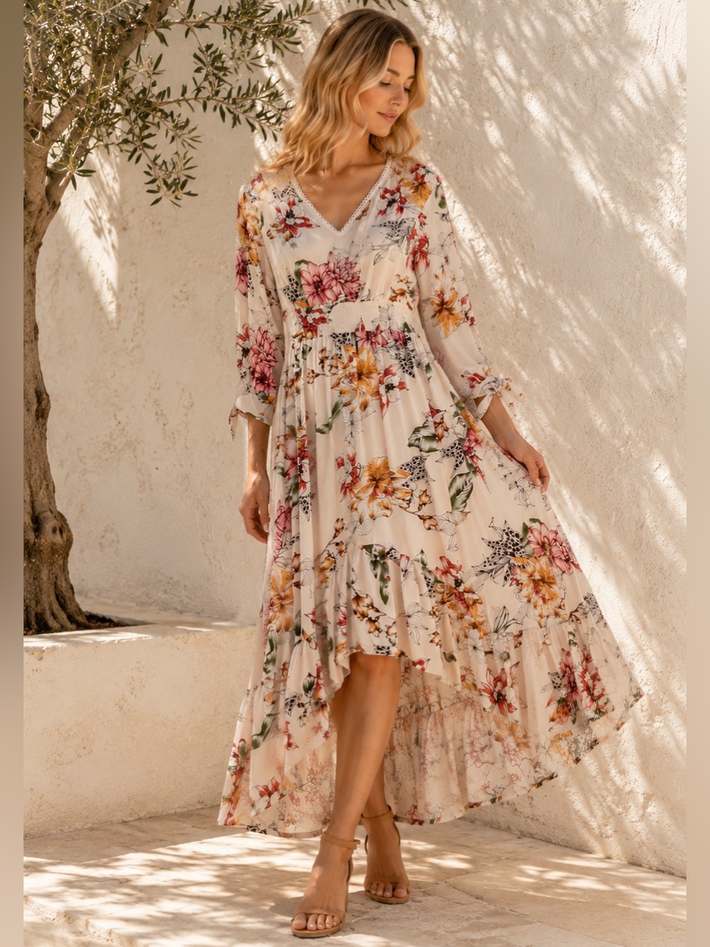 Abel The Label Floral Midi Dress M Boho Smocked Waist V-Neck